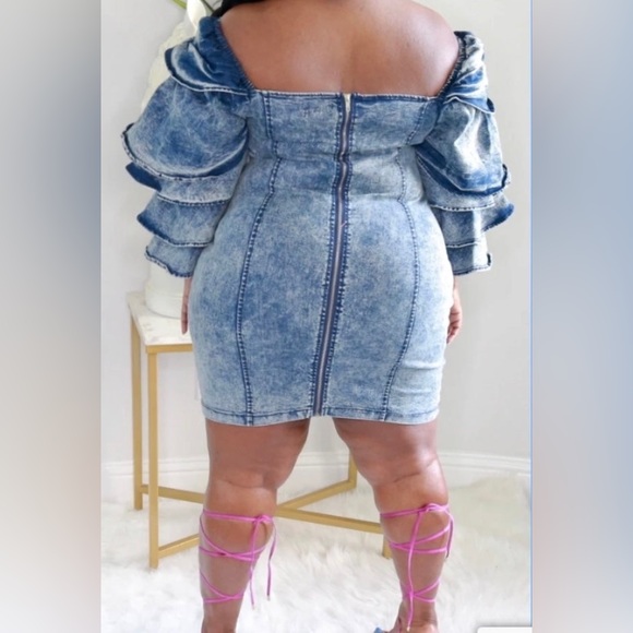 Plus Size Blue Stone Wash Denim Ruffle Sleeve Dress - Picture 2 of 5